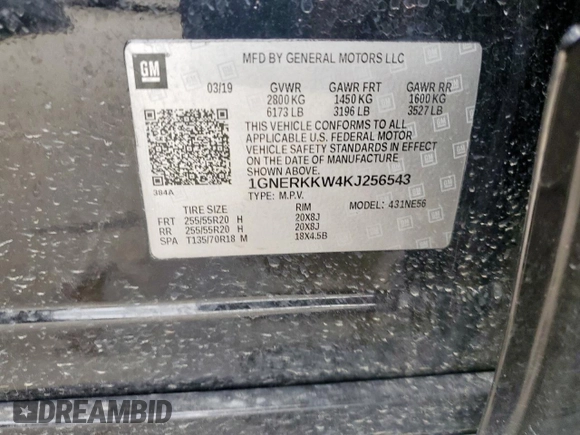 2019 Chevrolet Traverse Premier with VIN 1GNERKKW4KJ256543, listed as a Copart auction lot 51206545 with 89,490 mi miles and Clean title. Bid and sale history available at DreamBid. Image 13.