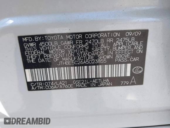 2010 Lexus IS 350 with VIN JTHBE5C26A5023855, listed as a IAAI auction lot 41692952 with 98,048 mi miles and . Bid and sale history available at DreamBid. Image 9.