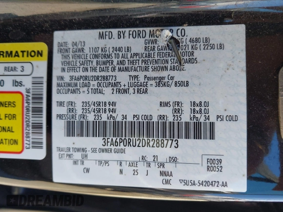 2013 Ford Fusion Titanium Hybrid with VIN 3FA6P0RU2DR288773, listed as a IAAI auction lot 41803708 with 85,868 mi miles and . Bid and sale history available at DreamBid. Image 9.