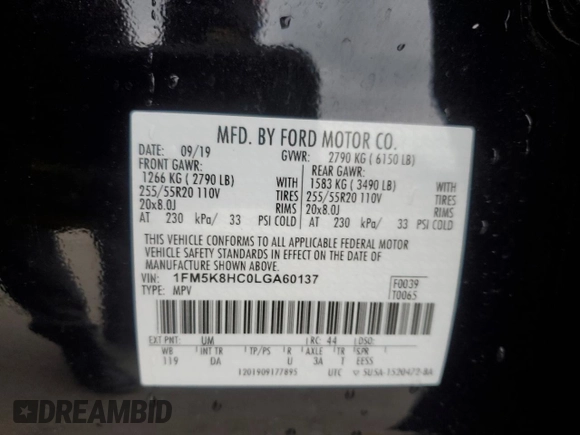 2020 Ford Explorer Platinum z VIN 1FM5K8HC0LGA60137, wystawiony jako Copart lot #87540635 z przebiegiem 24 929 mil mil oraz Szkoda całkowita • Salvage title. Historia ofert i sprzedaży dostępna na DreamBid. Obrazek 13.