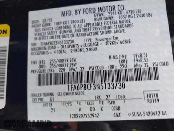 2022 Ford Mustang GT with VIN 1FA6P8CF3N5133730, listed as a IAAI auction lot 42150173 with 43,233 mi miles and . Bid and sale history available at DreamBid. Image 9.