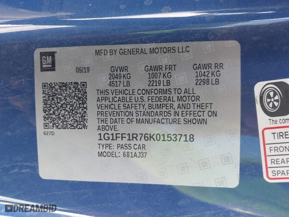 2019 Chevrolet Camaro 1SS with VIN 1G1FF1R76K0153718, listed as a IAAI auction lot 41938230 with 51,642 mi miles. Bid and sale history available at carsss.com. Image 9.