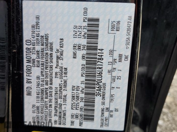 2020 Ford Fusion SE with VIN 3FA6P0LU6LR178414, listed as a Copart auction lot 55758625 with 38,102 mi miles and Salvage title. Bid and sale history available at DreamBid. Image 12.
