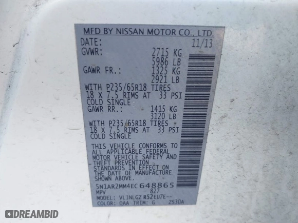 2014 Nissan Pathfinder SV with VIN 5N1AR2MM4EC648865, listed as a IAAI auction lot 41647085 with 214,415 mi miles. Bid and sale history available at carsss.com. Image 9.