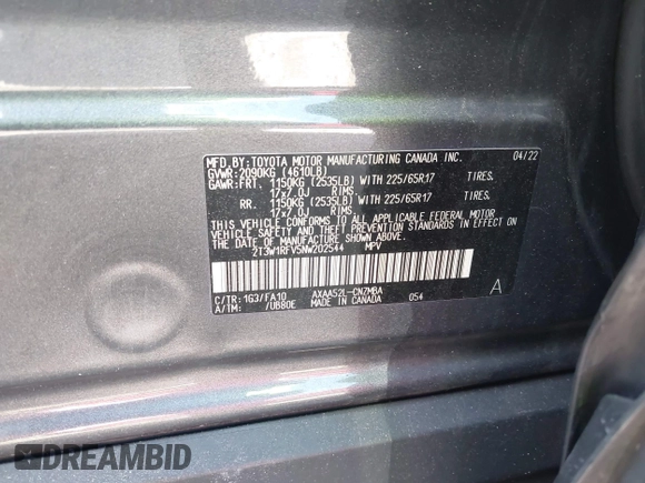 2022 Toyota RAV4 XLE with VIN 2T3W1RFV5NW202544, listed as a IAAI auction lot 42295293 with 60,759 mi miles and . Bid and sale history available at DreamBid. Image 9.