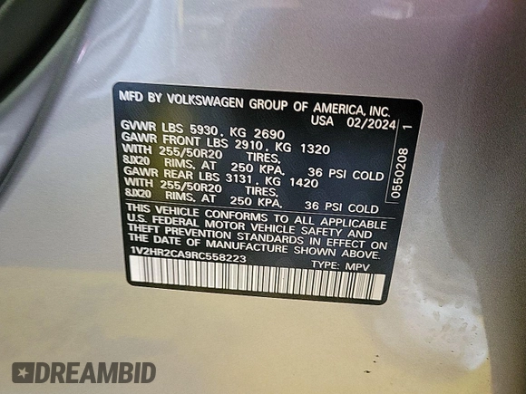 2024 Volkswagen Atlas SE z VIN 1V2HR2CA9RC558223, wystawiony jako IAAI lot #42734557 z przebiegiem 22 426 mil mil oraz . Historia ofert i sprzedaży dostępna na DreamBid. Obrazek 10.