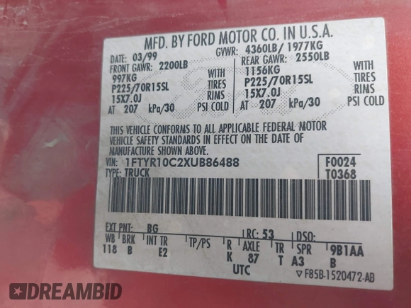 1999 Ford Ranger XL with VIN 1FTYR10C2XUB86488, listed as a IAAI auction lot 41995705 with 143,758 mi miles and . Bid and sale history available at DreamBid. Image 9.