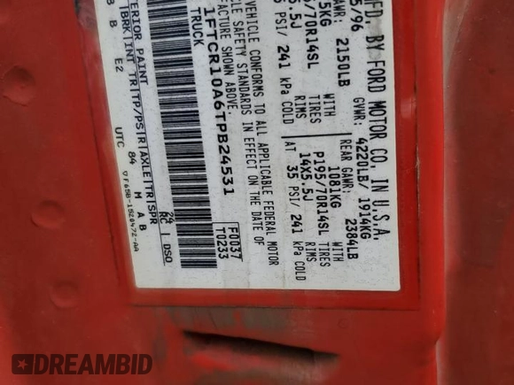 1996 Ford Ranger XL z VIN 1FTCR10A6TPB24531, wystawiony jako Copart lot #51973615 z przebiegiem 140 392 mil mil oraz Szkoda całkowita • Salvage title. Historia ofert i sprzedaży dostępna na DreamBid. Obrazek 12.