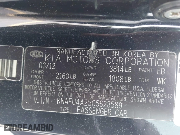 2012 Kia Forte EX with VIN KNAFU4A25C5623589, listed as a IAAI auction lot 42104501 with 273,270 mi miles. Bid and sale history available at carsss.com. Image 9.