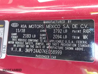 2019 Kia Forte LXS with VIN 3KPF24AD7KE058999, listed as a IAAI auction lot 41599213 with 113,551 mi miles. Bid and sale history available at carsss.com. Image 9.