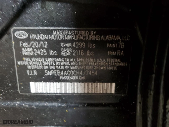 2012 Hyundai Sonata GLS with VIN 5NPEB4AC0CH477454, listed as a Copart auction lot 44700715 with 227,394 mi miles and Salvage Title. Bid and sale history available at carsss.com. Image 12.