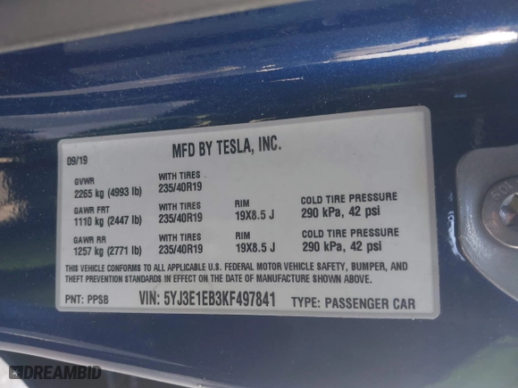 2019 Tesla Model 3 Long Range with VIN 5YJ3E1EB3KF497841, listed as a IAAI auction lot 41969728 with 21,127 mi miles. Bid and sale history available at carsss.com. Image 9.