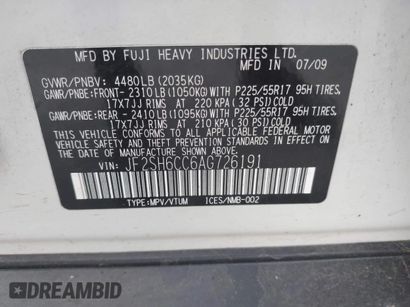 2010 Subaru Forester X Premium with VIN JF2SH6CC6AG726191, listed as a IAAI auction lot 42436604 with 153,758 mi miles and . Bid and sale history available at DreamBid. Image 9.
