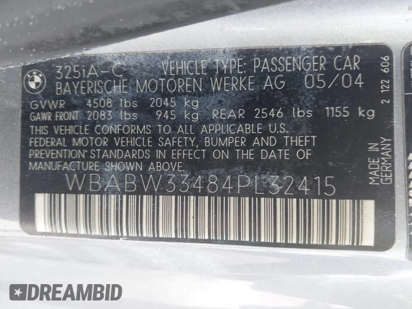 2004 BMW 3 Series 325Ci with VIN WBABW33484PL32415, listed as a IAAI auction lot 41437528 with 105,615 mi miles. Bid and sale history available at carsss.com. Image 9.