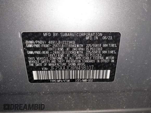 2023 Subaru Forester Sport with VIN JF2SKAJC8PH498107, listed as a IAAI auction lot 41401633 with 19,438 mi miles. Bid and sale history available at carsss.com. Image 9.