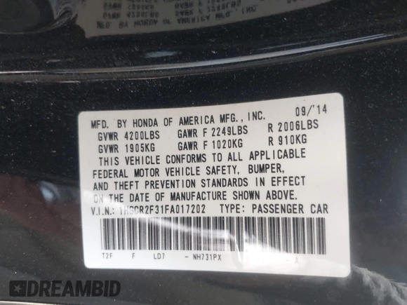 2015 Honda Accord Sedan LX with VIN 1HGCR2F31FA017202, listed as a IAAI auction lot 41981170 with 103,187 mi miles. Bid and sale history available at carsss.com. Image 9.
