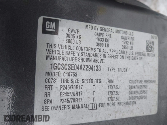 2010 Chevrolet Silverado 1500 LT with VIN 1GCSCSE04AZ294133, listed as a IAAI auction lot 41620868 with 190,835 mi miles and . Bid and sale history available at DreamBid. Image 9.