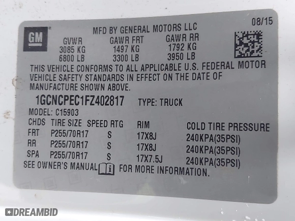 2015 Chevrolet Silverado 1500 Work Truck with VIN 1GCNCPEC1FZ402817, listed as a IAAI auction lot 41209001 with 200,234 mi miles. Bid and sale history available at carsss.com. Image 9.
