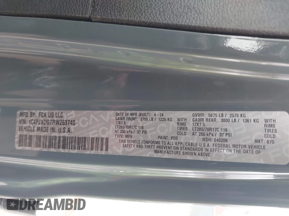 2024 Jeep Wrangler Sport S with VIN 1C4PJXDG7RW263740, listed as a IAAI auction lot 41551988 with 5,122 mi miles and . Bid and sale history available at DreamBid. Image 9.