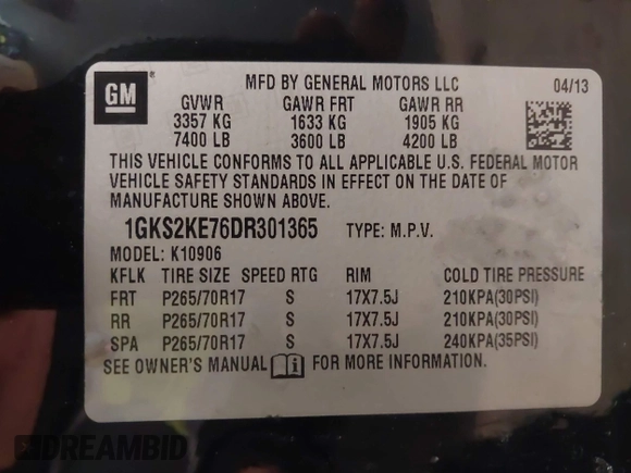 2013 GMC Yukon XL SLT with VIN 1GKS2KE76DR301365, listed as a IAAI auction lot 41379118 with 108,569 mi miles. Bid and sale history available at carsss.com. Image 9.