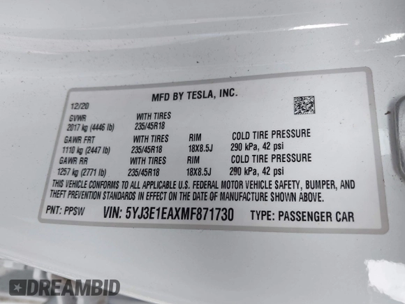 2021 Tesla Model 3 Standard Range Plus z VIN 5YJ3E1EAXMF871730, wystawiony jako IAAI lot #41794274 z przebiegiem 18 791 mil mil oraz . Historia ofert i sprzedaży dostępna na DreamBid. Obrazek 9.