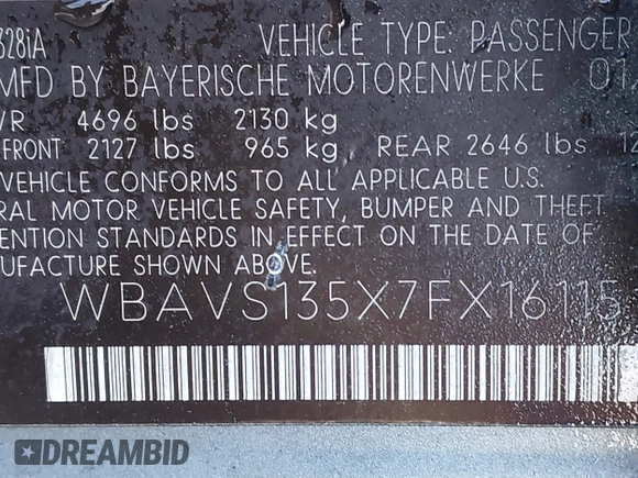2007 BMW 3 Series 328i z VIN WBAVS135X7FX16115, wystawiony jako IAAI lot #41996754 z przebiegiem 113 749 mil mil oraz . Historia ofert i sprzedaży dostępna na DreamBid. Obrazek 9.