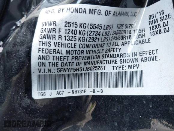 2018 Honda Pilot EX-L with VIN 5FNYF5H51JB025281, listed as a IAAI auction lot 41250845 with 1 mi miles. Bid and sale history available at carsss.com. Image 9.
