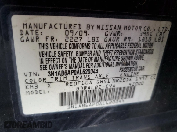 2010 Nissan Sentra S with VIN 3N1AB6AP0AL620044, listed as a Copart auction lot 58078185 with 222,178 mi miles and Salvage title. Bid and sale history available at DreamBid. Image 12.