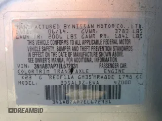 2014 Nissan Sentra SV with VIN 3N1AB7AP7EL672931, listed as a Copart auction lot 53701805 with 100,509 mi miles and Salvage Title. Bid and sale history available at DreamBid. Image 12.