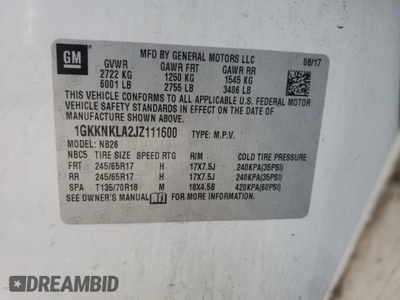 2018 GMC Acadia SLE z VIN 1GKKNKLA2JZ111600, wystawiony jako Copart lot #53423955 z przebiegiem 92 118 mil mil oraz Szkoda całkowita • Salvage title. Historia ofert i sprzedaży dostępna na DreamBid. Obrazek 14.