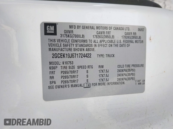 2007 Chevrolet Silverado 1500 1LT with VIN 2GCEK19J671724422, listed as a IAAI auction lot 41277843 with 111,802 mi miles and . Bid and sale history available at DreamBid. Image 9.