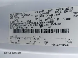 2016 Ford F-150 XL с VIN 1FTMF1C80GKE43156, выставлен на аукционе IAAI как лот 41677981 с пробегом 183 286 миль миль и . История ставок и продаж доступна на DreamBid. Изображение 9.