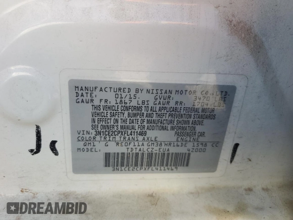 2015 Nissan Note SR with VIN 3N1CE2CPXFL411469, listed as a Copart auction lot 53751805 with 64,144 mi miles and Salvage title. Bid and sale history available at DreamBid. Image 13.