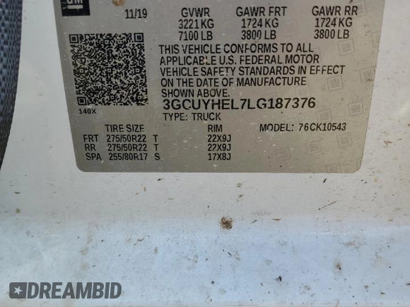 2020 Chevrolet Silverado 1500 High Country with VIN 3GCUYHEL7LG187376, listed as a Copart auction lot 62342924 with 103,098 mi miles and Salvage Title. Bid and sale history available at carsss.com. Image 15.