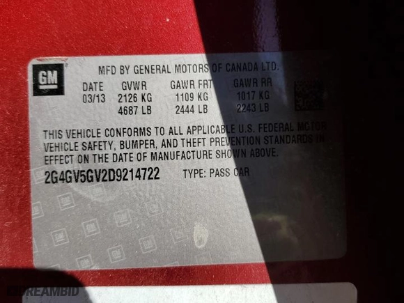 2013 Buick Regal GS with VIN 2G4GV5GV2D9214722, listed as a Copart auction lot 86015664 with 130930 miles and Salvage Title. Bid and sale history available at carsss.com. Image 13.