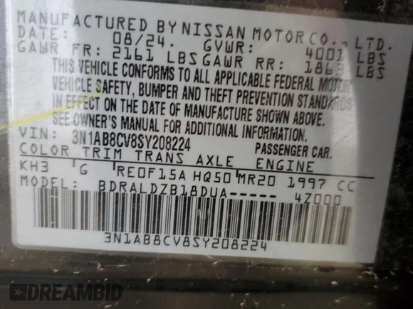2025 Nissan Sentra SV with VIN 3N1AB8CV8SY208224, listed as a Copart auction lot 54185175 with 7,901 mi miles and Salvage Title. Bid and sale history available at carsss.com. Image 12.