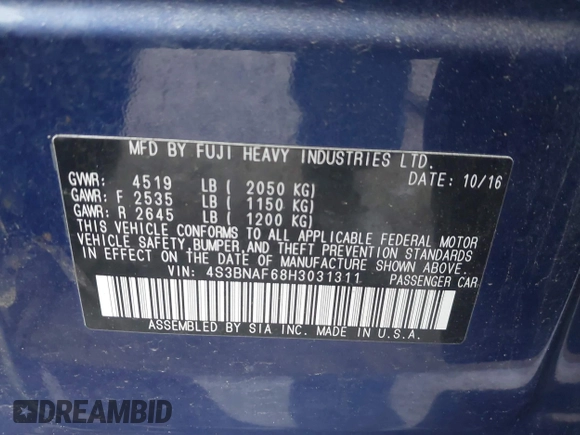 2017 Subaru Legacy Premium z VIN 4S3BNAF68H3031311, wystawiony jako IAAI lot #42311642 z przebiegiem 80 207 mil mil oraz . Historia ofert i sprzedaży dostępna na DreamBid. Obrazek 9.