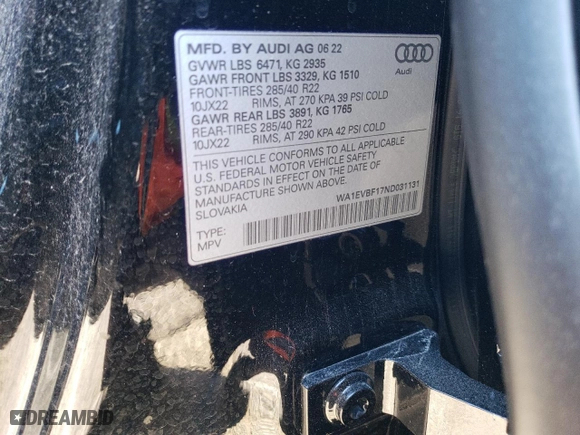 2022 Audi Q8 Premium Plus with VIN WA1EVBF17ND031131, listed as a Copart auction lot 42238674 with 8,378 mi miles. Bid and sale history available at carsss.com. Image 13.