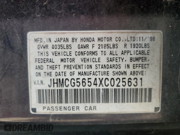 1999 Honda Accord EX z VIN JHMCG5654XC025631, wystawiony jako Copart lot #52139585 z przebiegiem 302 903 mil mil oraz Czysty tytuł • Clean title. Historia ofert i sprzedaży dostępna na DreamBid. Obrazek 12.