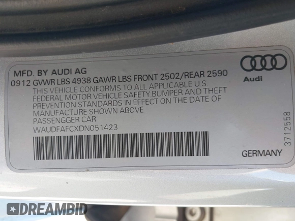 2013 Audi A6 Premium Plus with VIN WAUDFAFCXDN051423, listed as a IAAI auction lot 42249789 with 124,372 mi miles and . Bid and sale history available at DreamBid. Image 9.