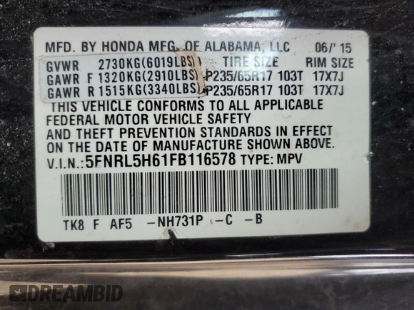 2015 Honda Odyssey EX-L with VIN 5FNRL5H61FB116578, listed as a Copart auction lot 53251415 with 148,497 mi miles and Salvage Title. Bid and sale history available at DreamBid. Image 15.