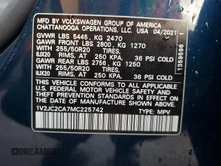 2021 Volkswagen Atlas SE with VIN 1V2JC2CA7MC225742, listed as a Copart auction lot 87110994 with Not provided miles and Salvage title. Bid and sale history available at DreamBid. Image 14.