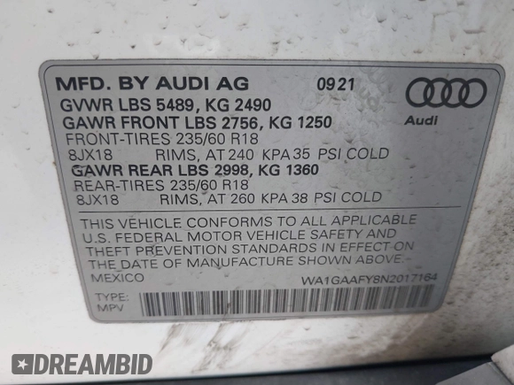 2022 Audi Q5 S line Premium with VIN WA1GAAFY8N2017164, listed as a IAAI auction lot 41455881 with 64,092 mi miles. Bid and sale history available at carsss.com. Image 9.