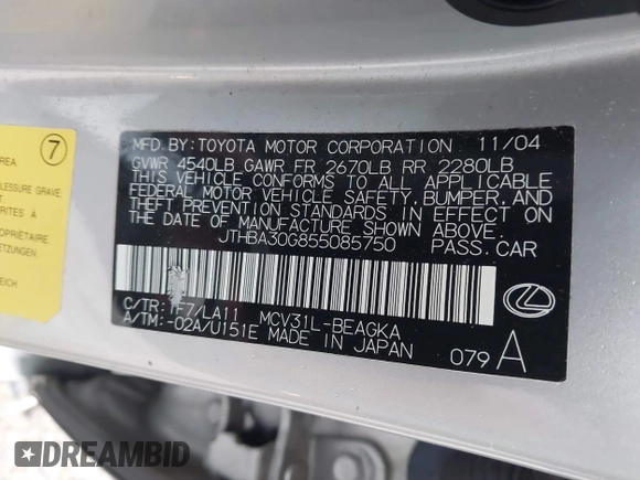 2005 Lexus ES 350 z VIN JTHBA30G855085750, wystawiony jako IAAI lot #42330414 z przebiegiem 131 956 mil mil oraz . Historia ofert i sprzedaży dostępna na DreamBid. Obrazek 9.
