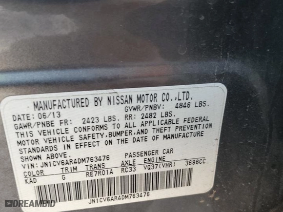 2013 Infiniti G37 Sedan x with VIN JN1CV6AR4DM763476, listed as a Copart auction lot 46166065 with 0 mi miles and Salvage Title. Bid and sale history available at carsss.com. Image 13.