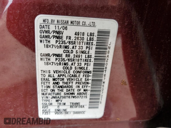 2007 Nissan Murano S z VIN JN8AZ08T67W507215, wystawiony jako Copart lot #56921305 z przebiegiem 101 726 mil mil oraz Czysty tytuł • Clean title. Historia ofert i sprzedaży dostępna na DreamBid. Obrazek 12.