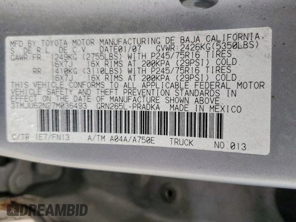 2007 Toyota Tacoma PreRunner z VIN 3TMJU62N27M036493, wystawiony jako Copart lot #59176245 z przebiegiem 268 588 mil mil oraz Szkoda całkowita • Salvage title. Historia ofert i sprzedaży dostępna na DreamBid. Obrazek 12.