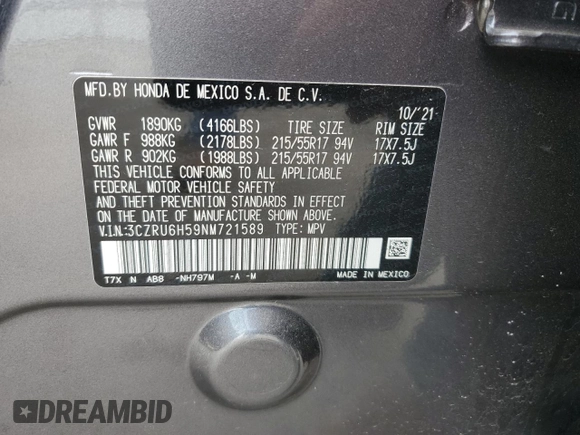 2022 Honda HR-V EX with VIN 3CZRU6H59NM721589, listed as a Copart auction lot 47931855 with 29,687 mi miles and Salvage Title. Bid and sale history available at carsss.com. Image 13.