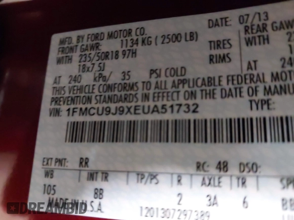 2014 Ford Escape Titanium with VIN 1FMCU9J9XEUA51732, listed as a IAAI auction lot 41542867 with 44,141 mi miles. Bid and sale history available at carsss.com. Image 9.