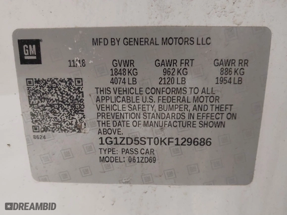 2019 Chevrolet Malibu LT with VIN 1G1ZD5ST0KF129686, listed as a IAAI auction lot 41846784 with 36,420 mi miles. Bid and sale history available at carsss.com. Image 9.